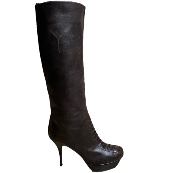 Yves Saint Laurent YSL Brown Tribute platform knee High Heeled Leather Boots 40 - Picture 1 of 17